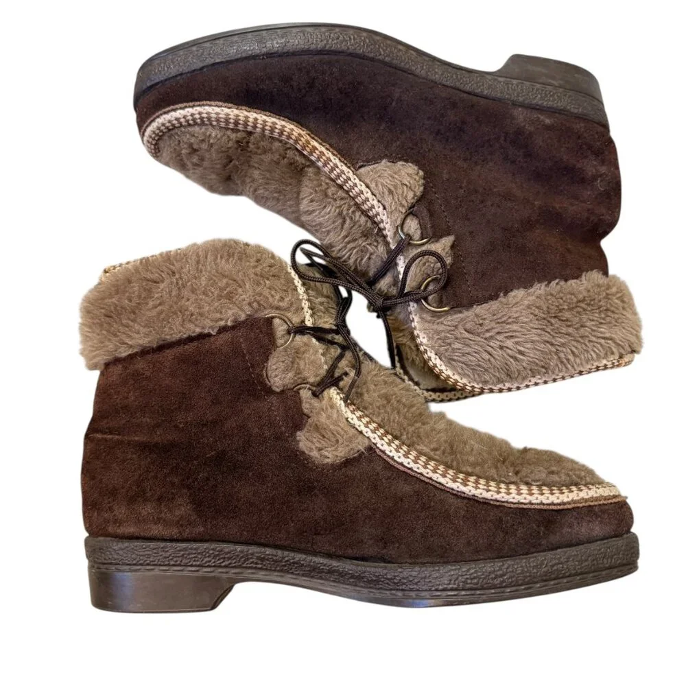 Yodelers Vintage 70s Brown Suede Leather Fur Lined Snow Boots Women's size 6